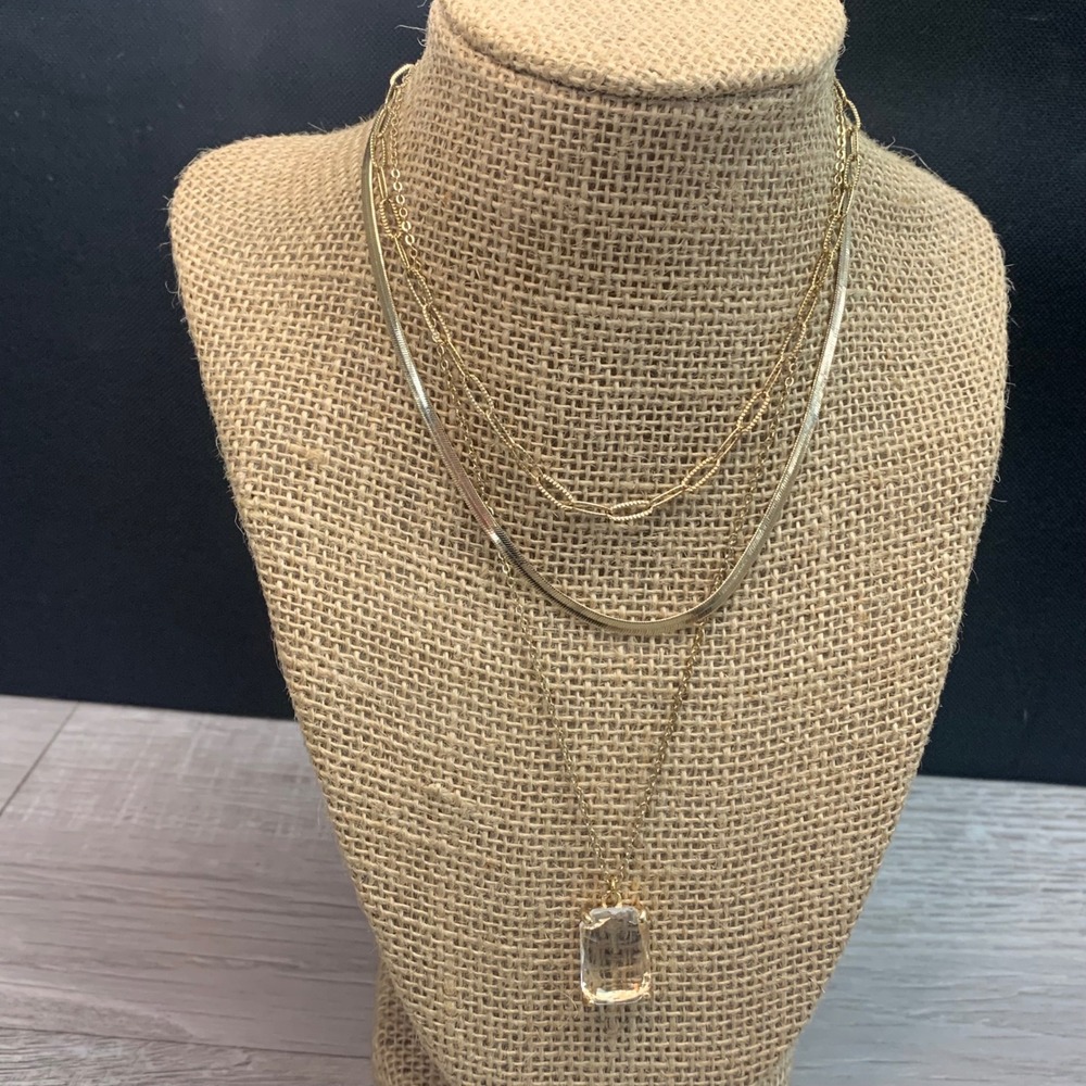 Gold Tone Triple Layered Necklace Set Emerald Cut Clear Glass Pendant 12in 5587